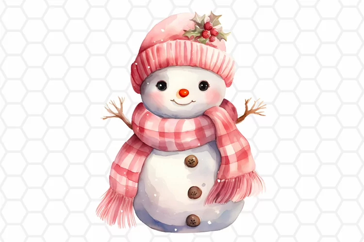 Cute Pink Watercolor Snowman Clipart, Sublimation PNG