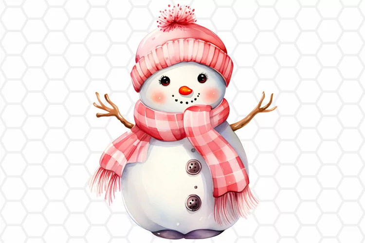 Cute Pink Watercolor Snowman Clipart, Sublimation PNG