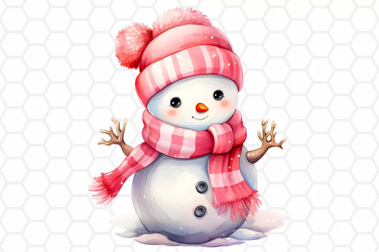 Cute Pink Watercolor Snowman Clipart, Sublimation PNG