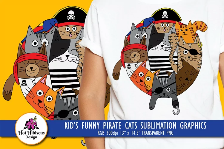 Funny Pirate Cats Kids Cute Cat T shirt Sublimation Design