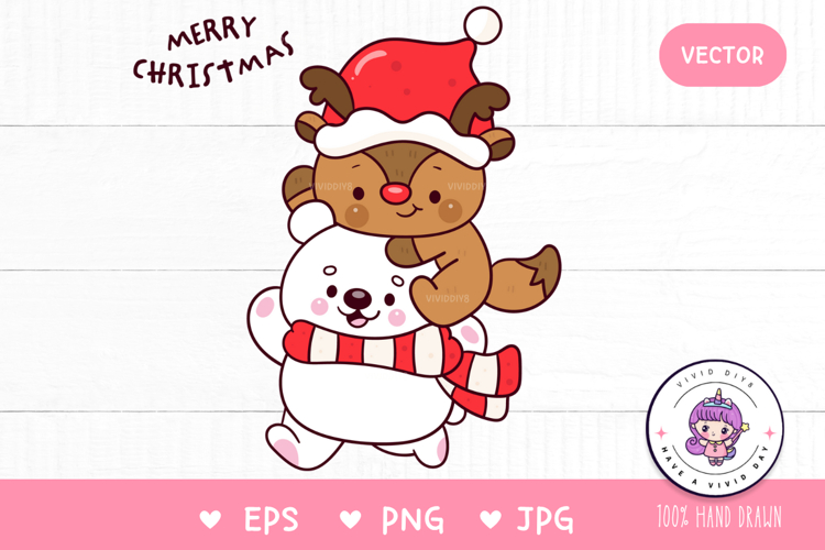 Christmas animals Reindeer and Polar bear kawaii clipart png