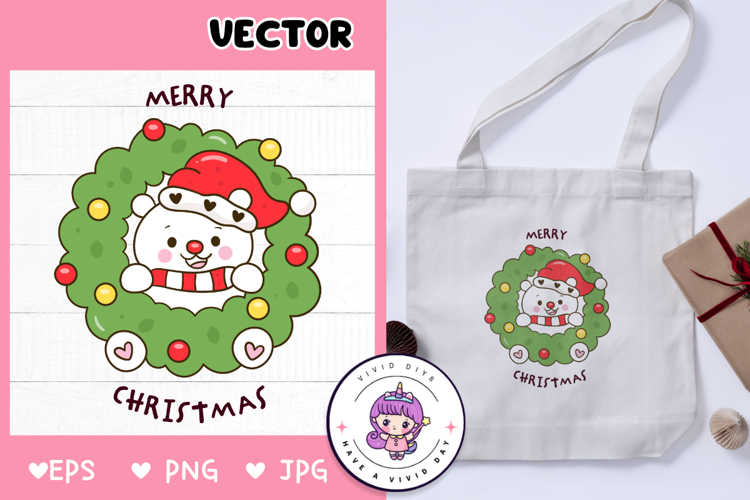 Polar bear in Christmas wreath kawaii clipart winter animal