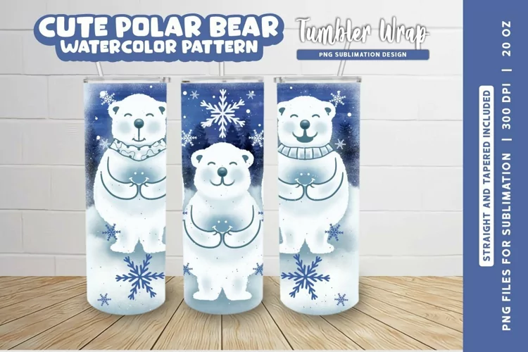 Cute Polar Bear Watercolor Tumbler Wrap | Winter Tumbler PNG