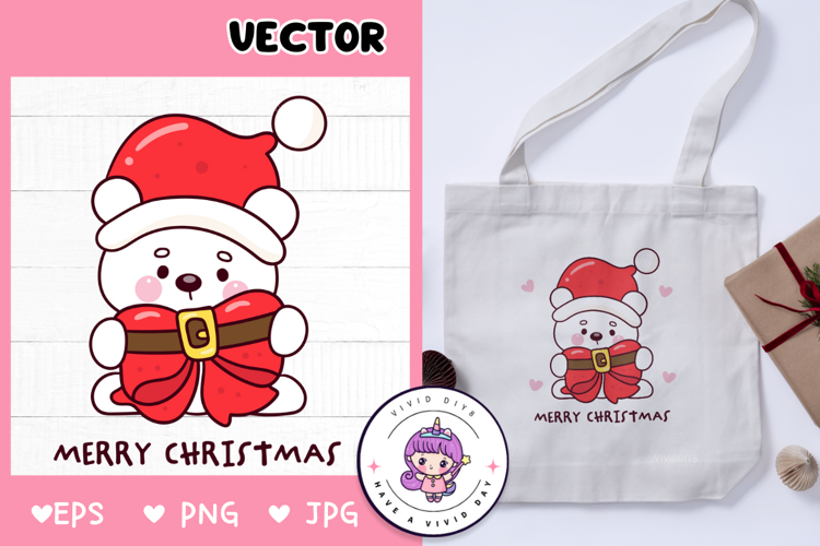 Cute Polar bear holding bow Christmas clipart kawaii animal