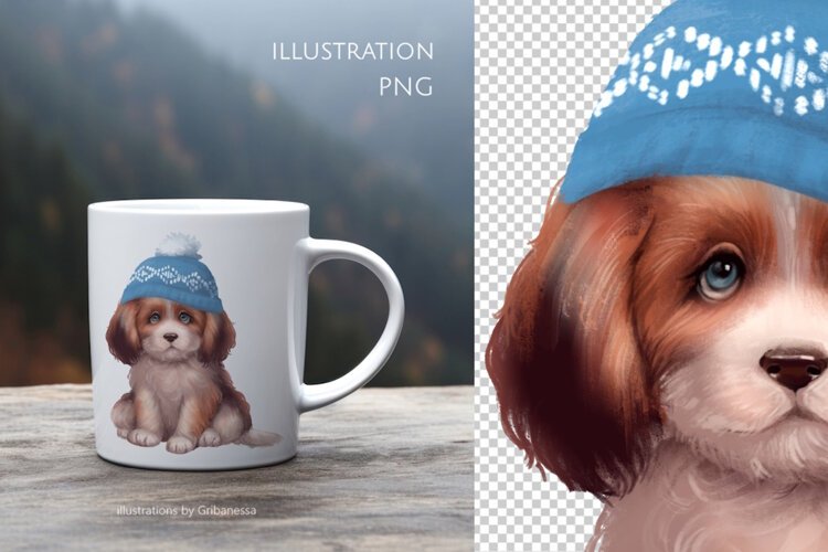 Cute Puppy in Blue Winter Hat PNG example image 1