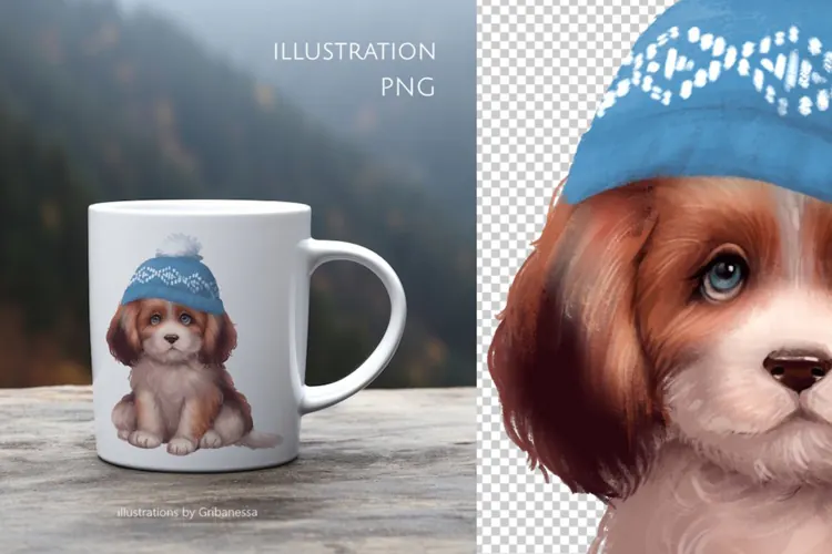 Cute Puppy in Blue Winter Hat PNG