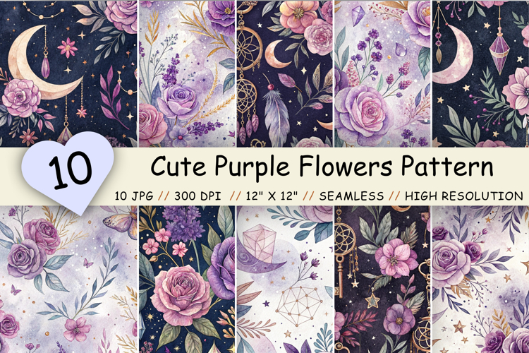 Cute Purple Flowers Pattern Bundle, Seamless Watercolor
