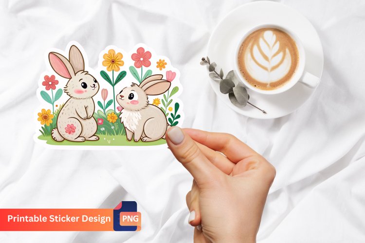 Cute Rabbits Flowers Sticker, Adorable Rabbit Sticker