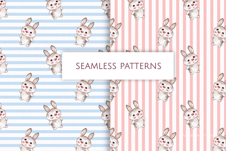 Watercolor Striped Rabbit Seamless Patterns | Cute bunny