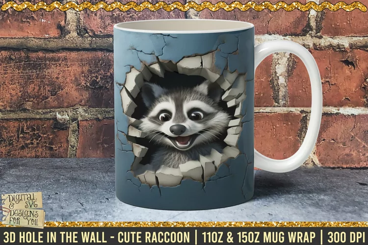 3D Cute Raccoon Hole In A Wall Mug Wrap, 11oz 15oz Template