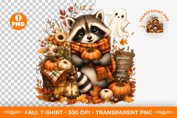 Cute Raccoon Pumpkin Fall Sublimation Clipart PNG