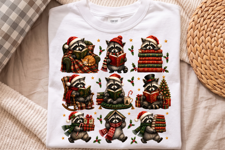 Cute Raccoon Reading Book Shirt PNG, Winter Reading Graphic