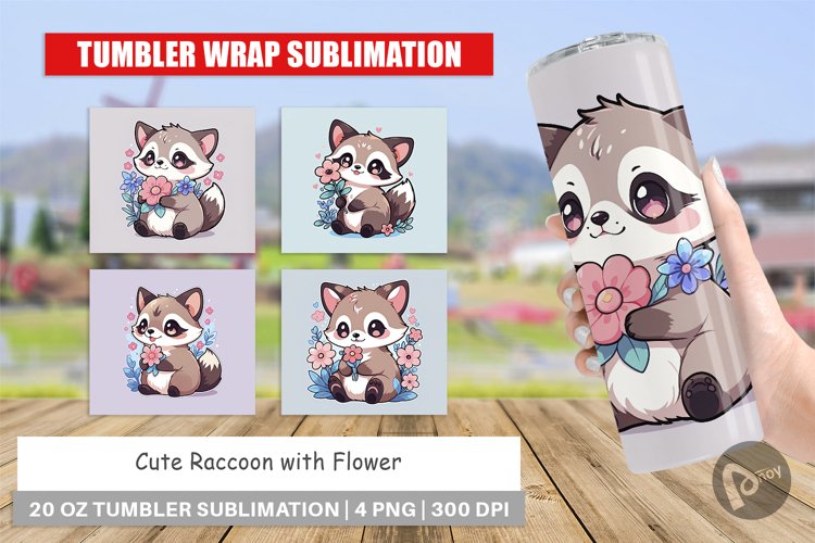 Tumbler Wrap Cute Raccoon with Flower