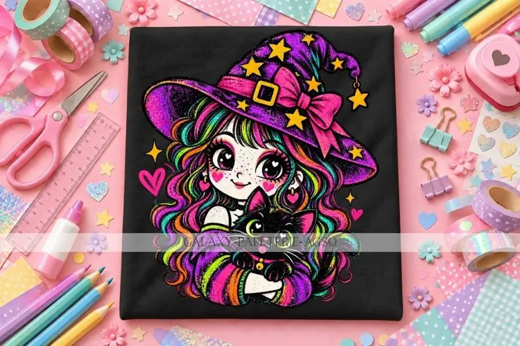 Cute Rainbow Hair Witch PNG Holding Black Cat