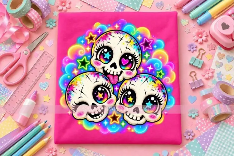 Cute Rainbow Skull Trio PNG with Neon Glow Effect