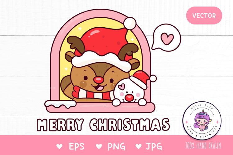 Christmas animals Reindeer and Snowman in window kawaii