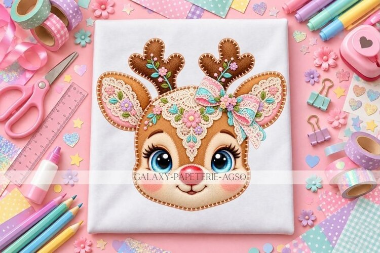 Cute Floral Reindeer Face PNG with Pastel Bow example image 1