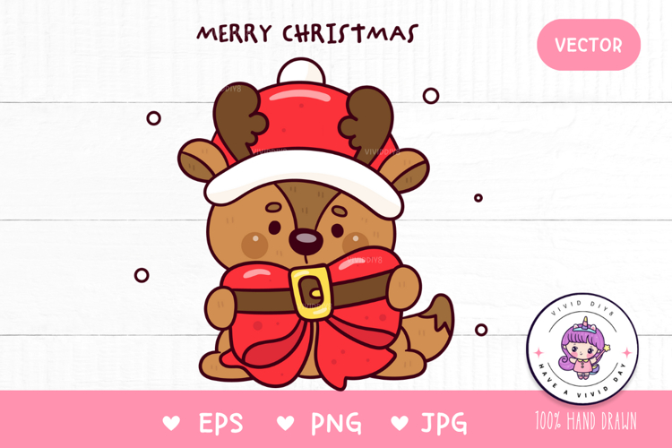 Cute Reindeer Christmas hug Santa bow kawaii clipart png