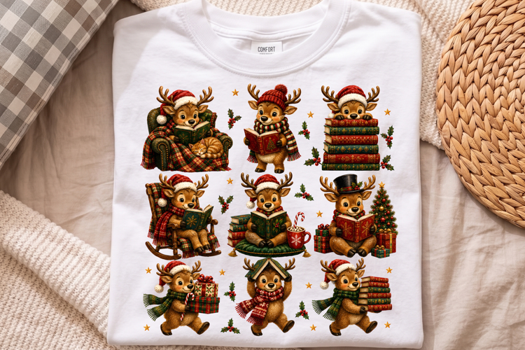 Cute Reindeer Reading Book Shirt PNG, Winter Reading Graphic