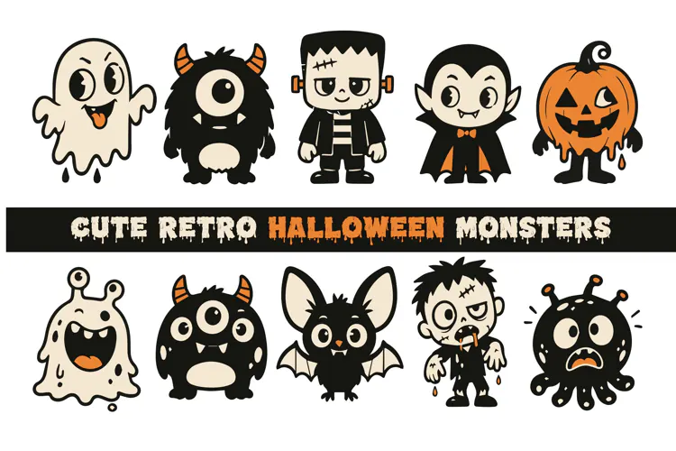 Cute Retro Halloween Monsters | Spooky Character Clipart