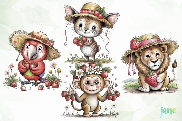 Cute Safari Animals with Strawberries example image 1