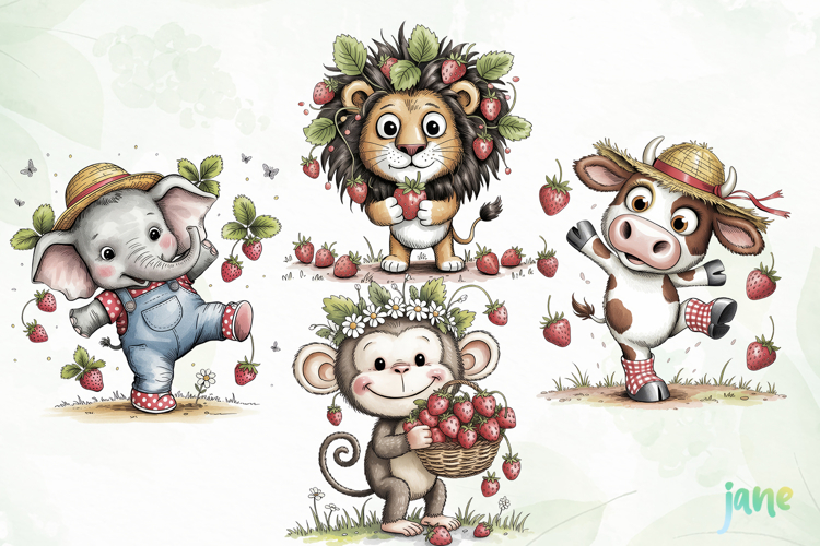 Cute Safari Animals with Strawberries example image 1