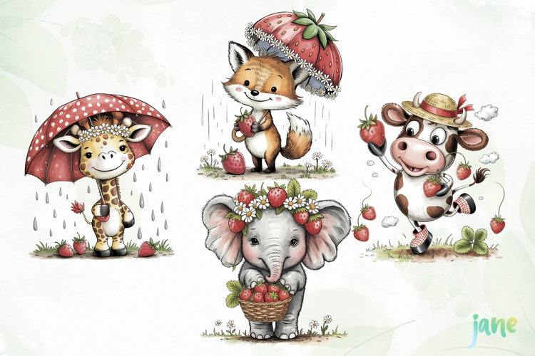 Cute Safari Animals with Strawberries example image 1