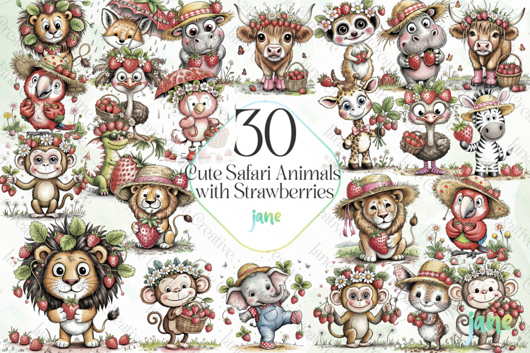 Cute Safari Animals with Strawberries