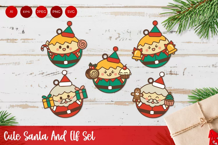 Cute Santa and Elf, Christmas Tree Decoration Set