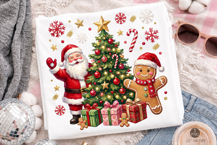 Cute Santa and Gingerbread Man PNG, Christmas Tree example image 1
