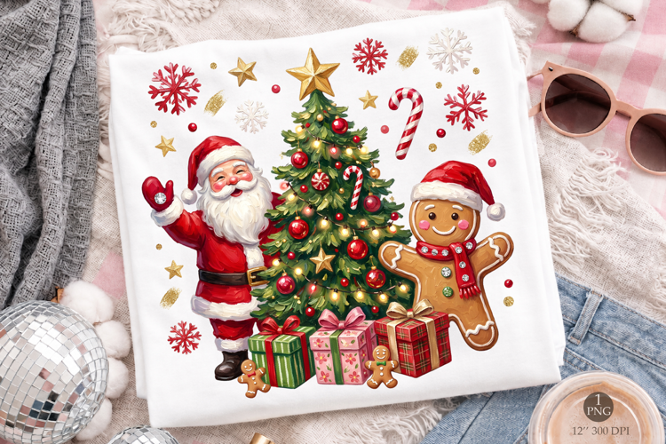 Cute Santa and Gingerbread Man PNG, Christmas Tree