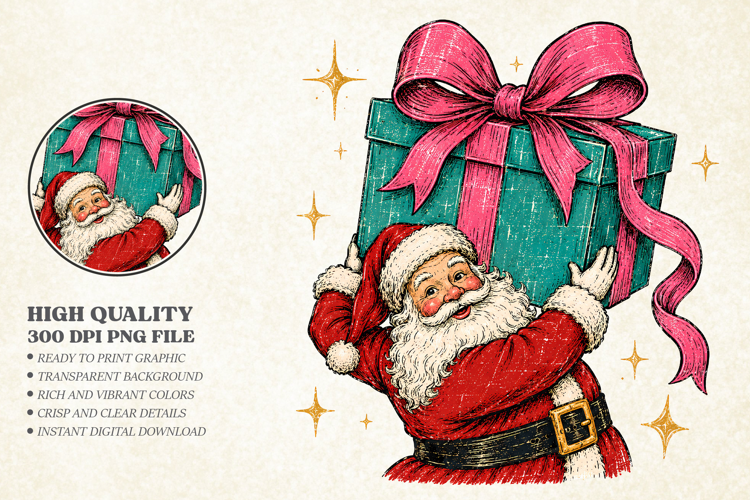 Cute Santa Christmas Box Winter PNG, Coquette Retro Design