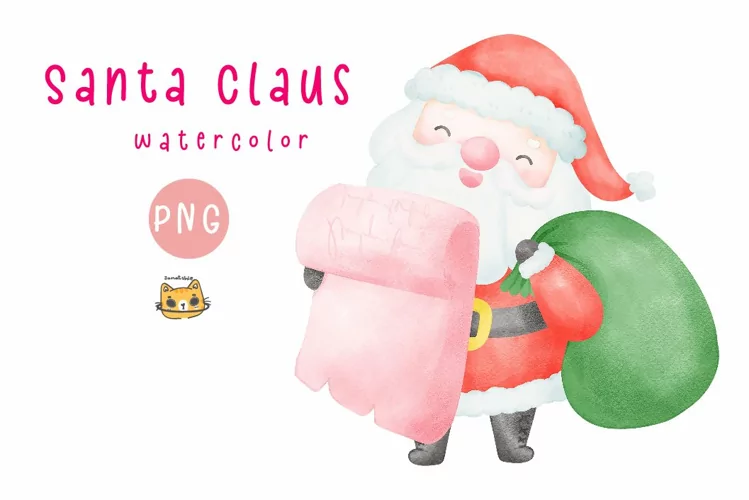 Cute Santa Claus Clipart Watercolor PNG - Kawaii Holiday