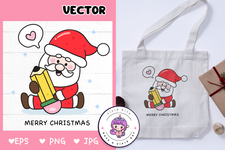 Christmas Santa holding Pencil kawaii Clipart Cute Vector