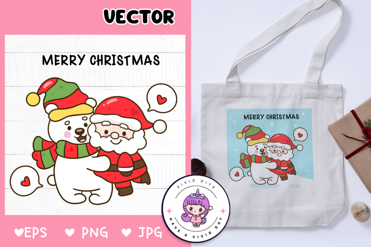 Cute Santa hug polar bear Christmas gift kawaii cliparts