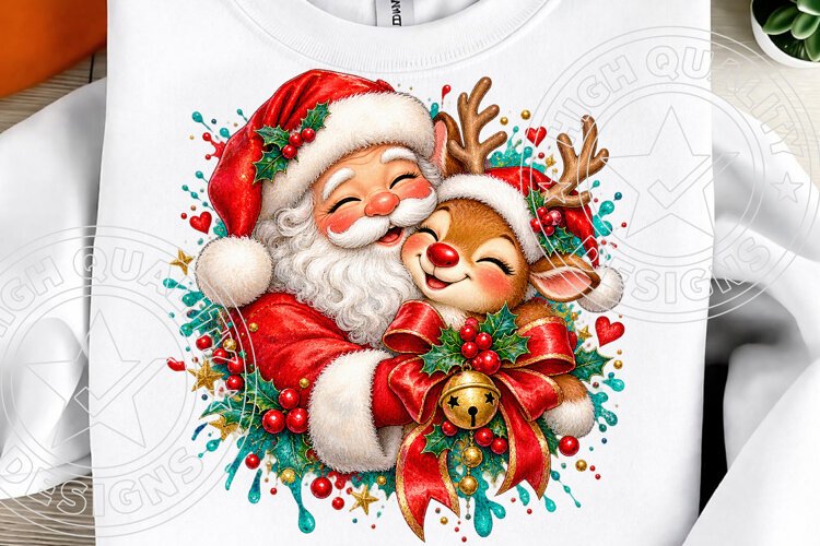 Cute Santa & Reindeer Christmas Festive Bow & Holly Holiday example image 1