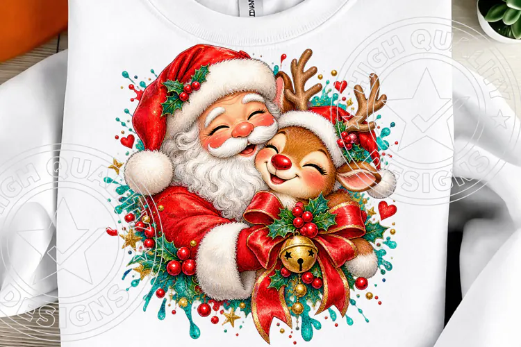 Cute Santa & Reindeer Christmas Festive Bow & Holly Holiday