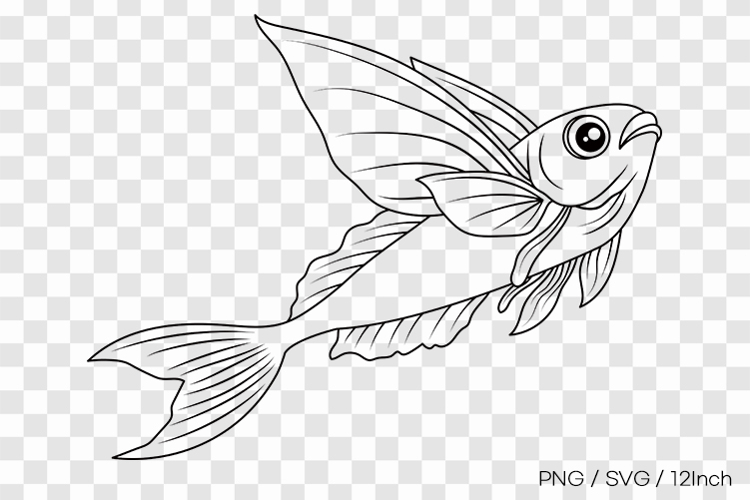 Ornate wing flying fish line art SVG summer clipart PNG