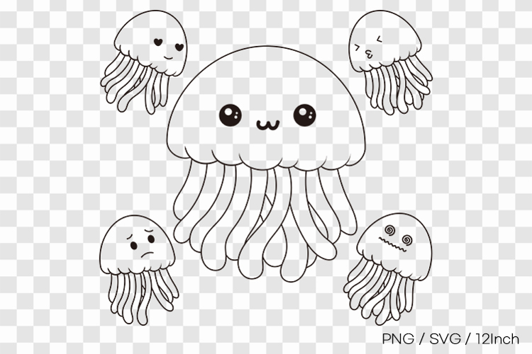 Mother and baby jellyfish line art SVG summer clipart illust
