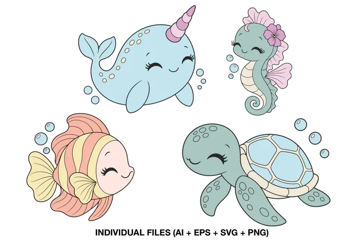 Cute Sea Animals Clipart, Ocean Animals PNG, Under the Sea