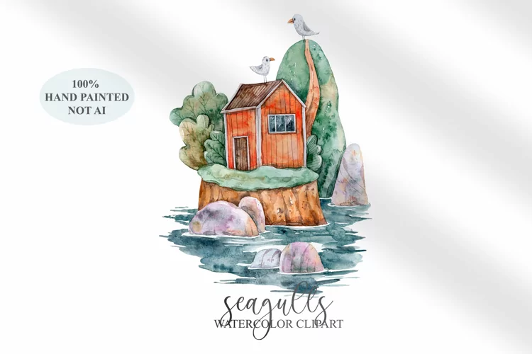 Watercolor cute lighthouse and seagulls clipart - 1 png