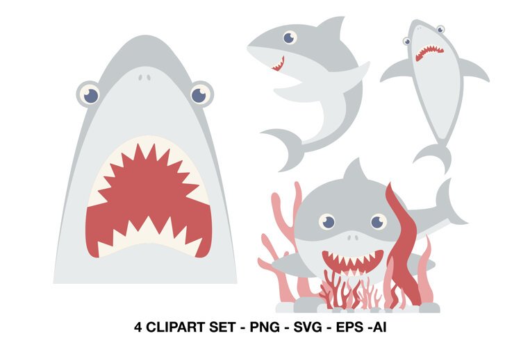 Cute shark clipart collection with four playful ocean illustrations