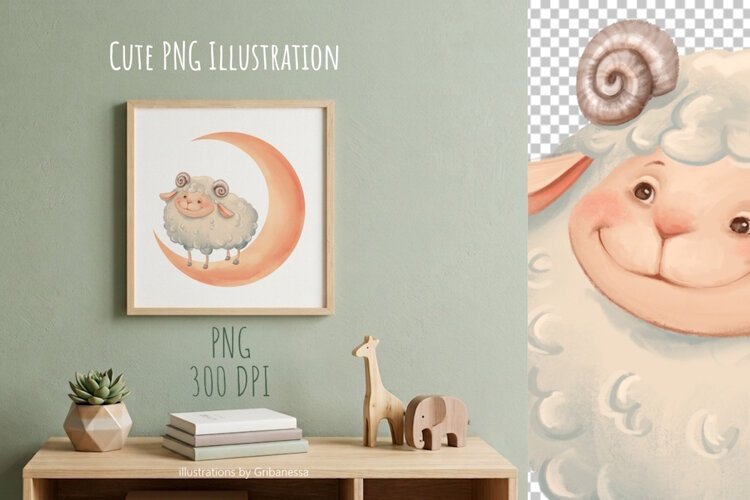Cute Sheep on Crescent Moon PNG example image 1