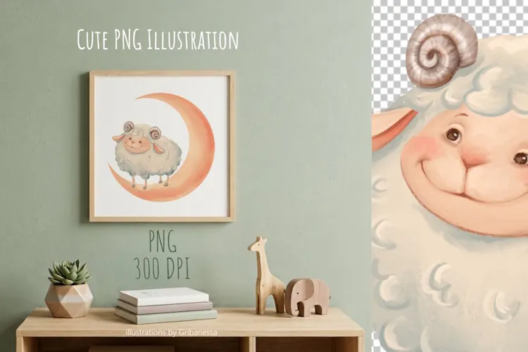 Cute Sheep on Crescent Moon PNG