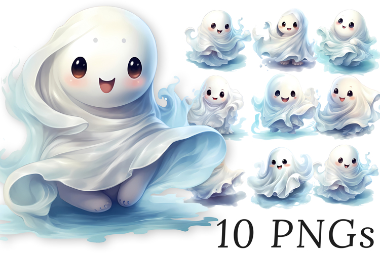 Cute Halloween Ghost Clipart Bundle - 10 watercolor PNGs