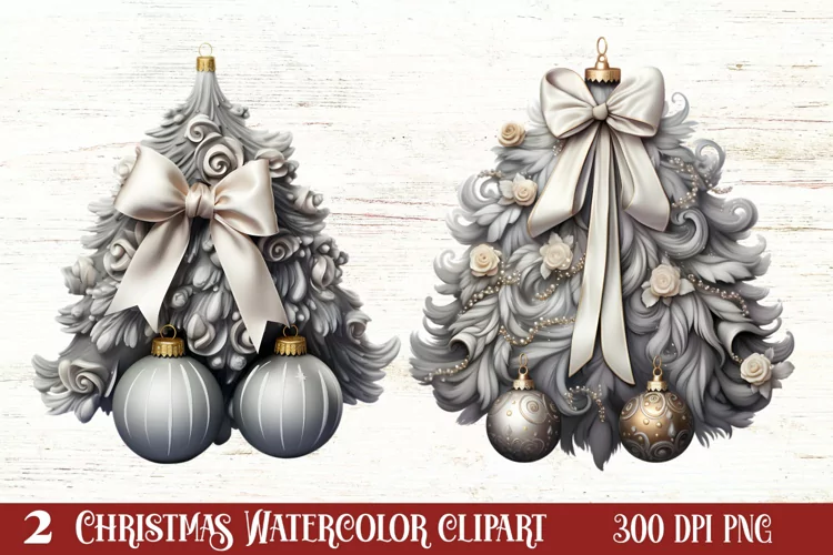 Cute Silver Christmas Watercolor Clipart, Christmas SVG