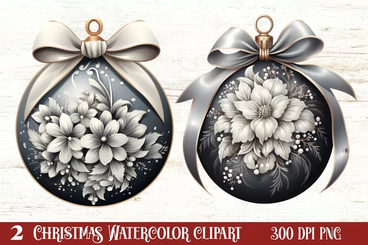 Cute Silver Christmas Watercolor Clipart, Christmas SVG