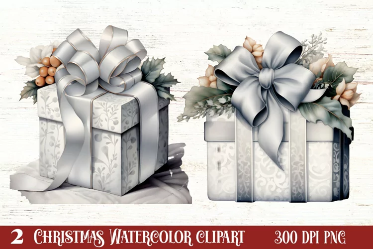 Cute Silver Christmas Watercolor Clipart, Christmas SVG
