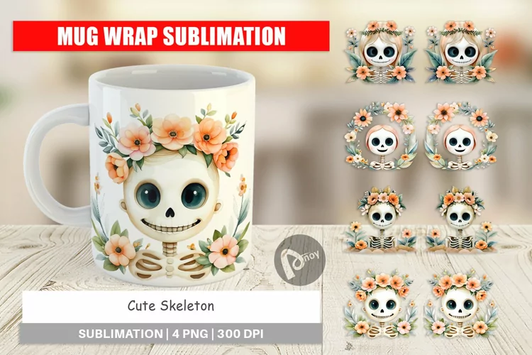 Mug Wrap Design Cute Skeleton Watercolor Floral