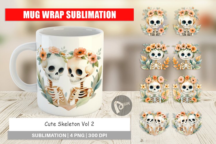 Mug Wrap Design Cute Skeleton Watercolor Floral example image 1